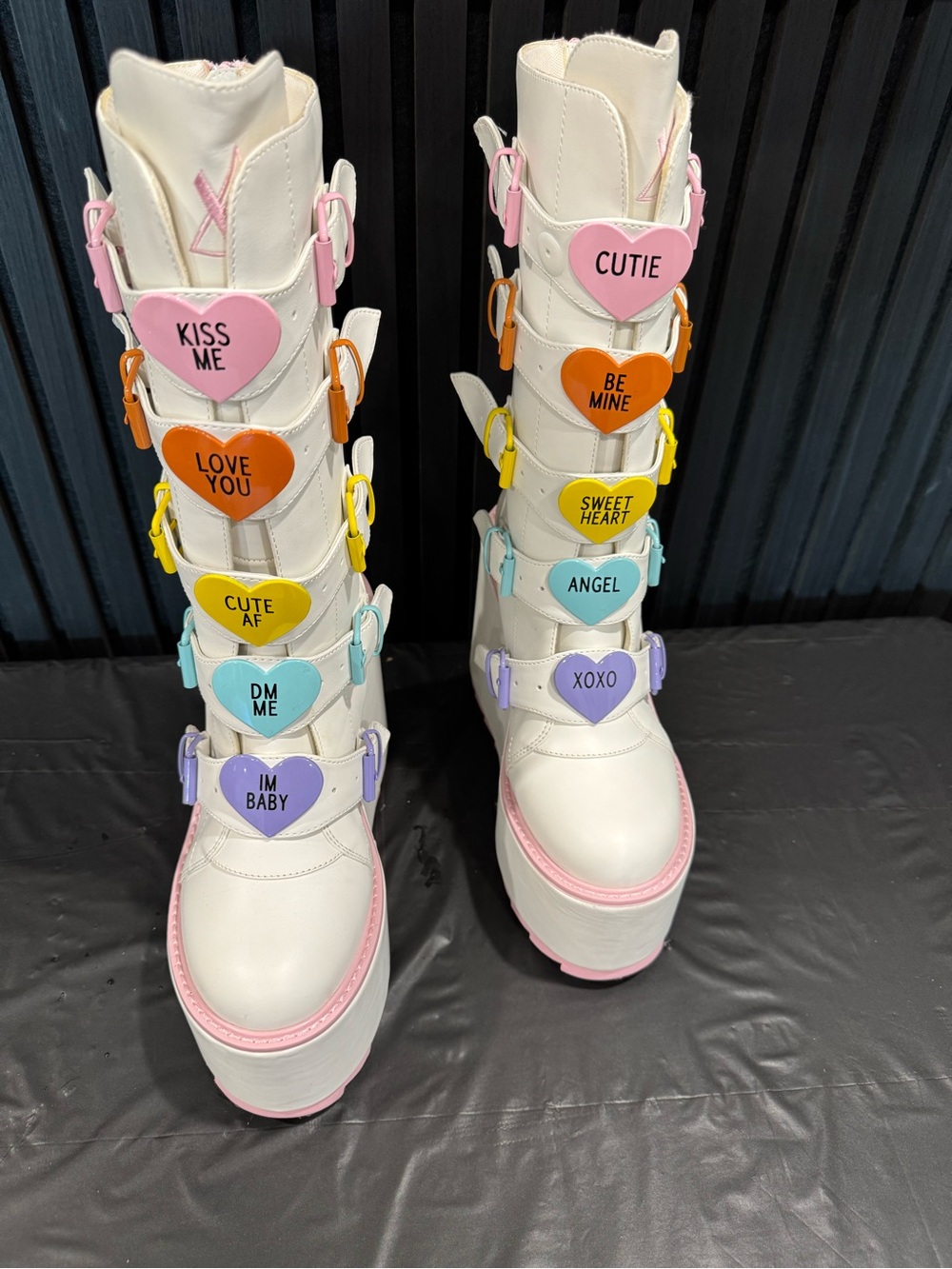 YRU White Platform Boots with Pastel Heart Charms